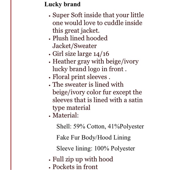 Lucky Brand Girls' Plush Lined Hoodie Jacket Gray L 14 / 16 Zipper Floral Beige - Picture 6 of 7